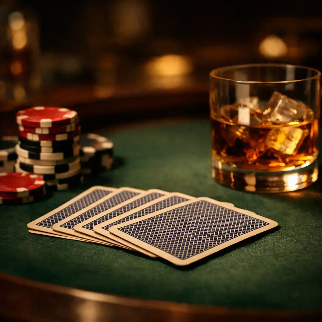 Vintage poker table with cards, chips, and a glass of whiskey in warm moody lighting
