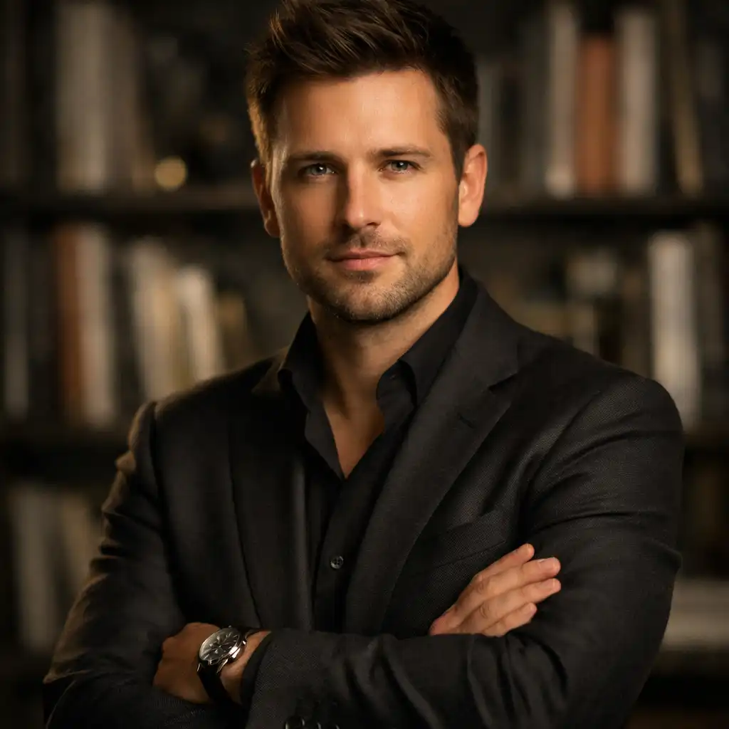 Creative Director in a tailored dark suit standing confidently in a dimly lit studio