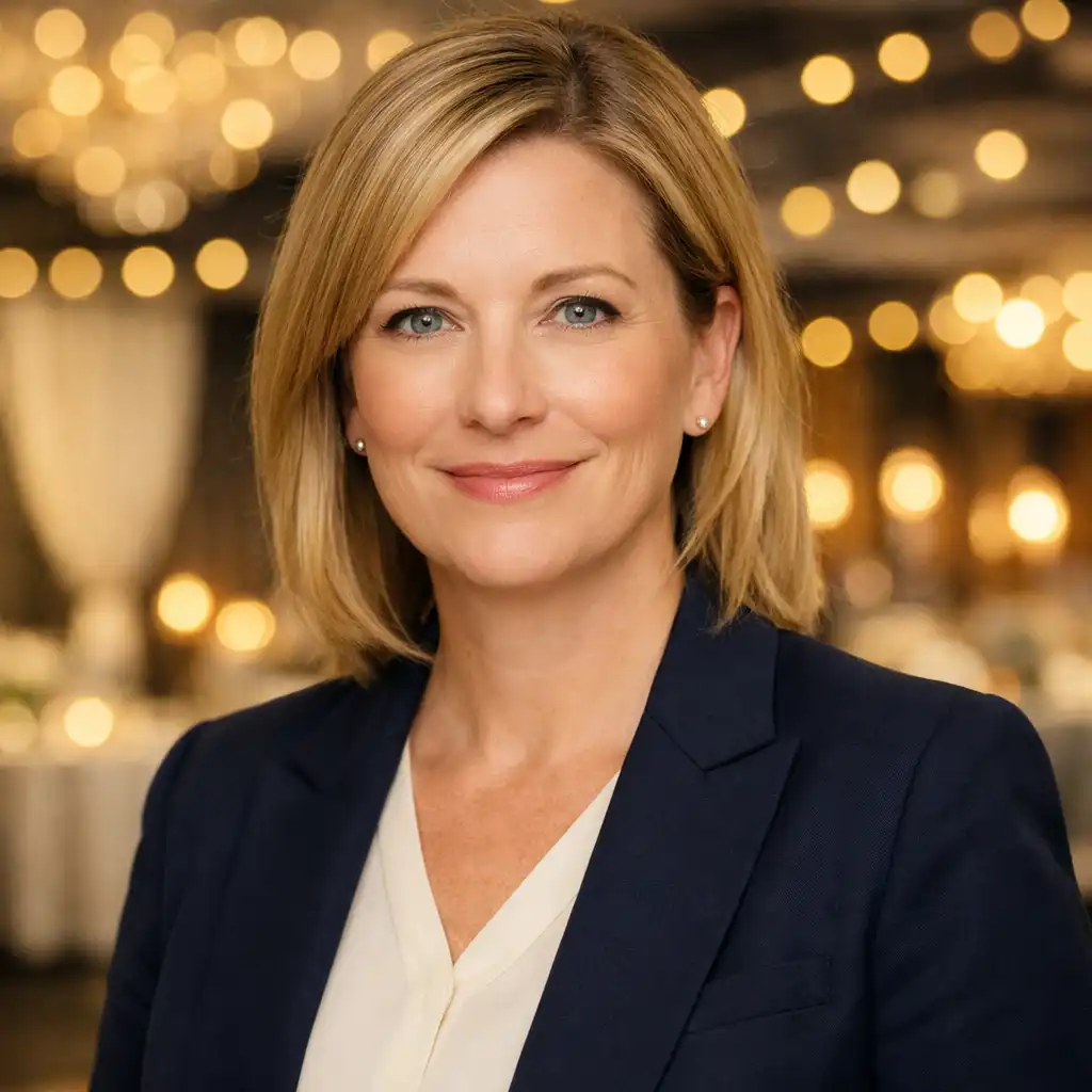 Head of Operations in a smart blazer smiling slightly in a modern event venue