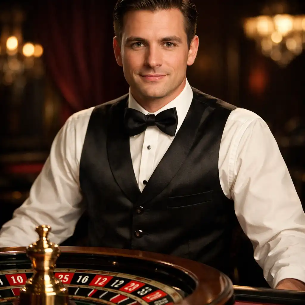 Lead Croupier in a classic casino uniform standing behind a roulette table