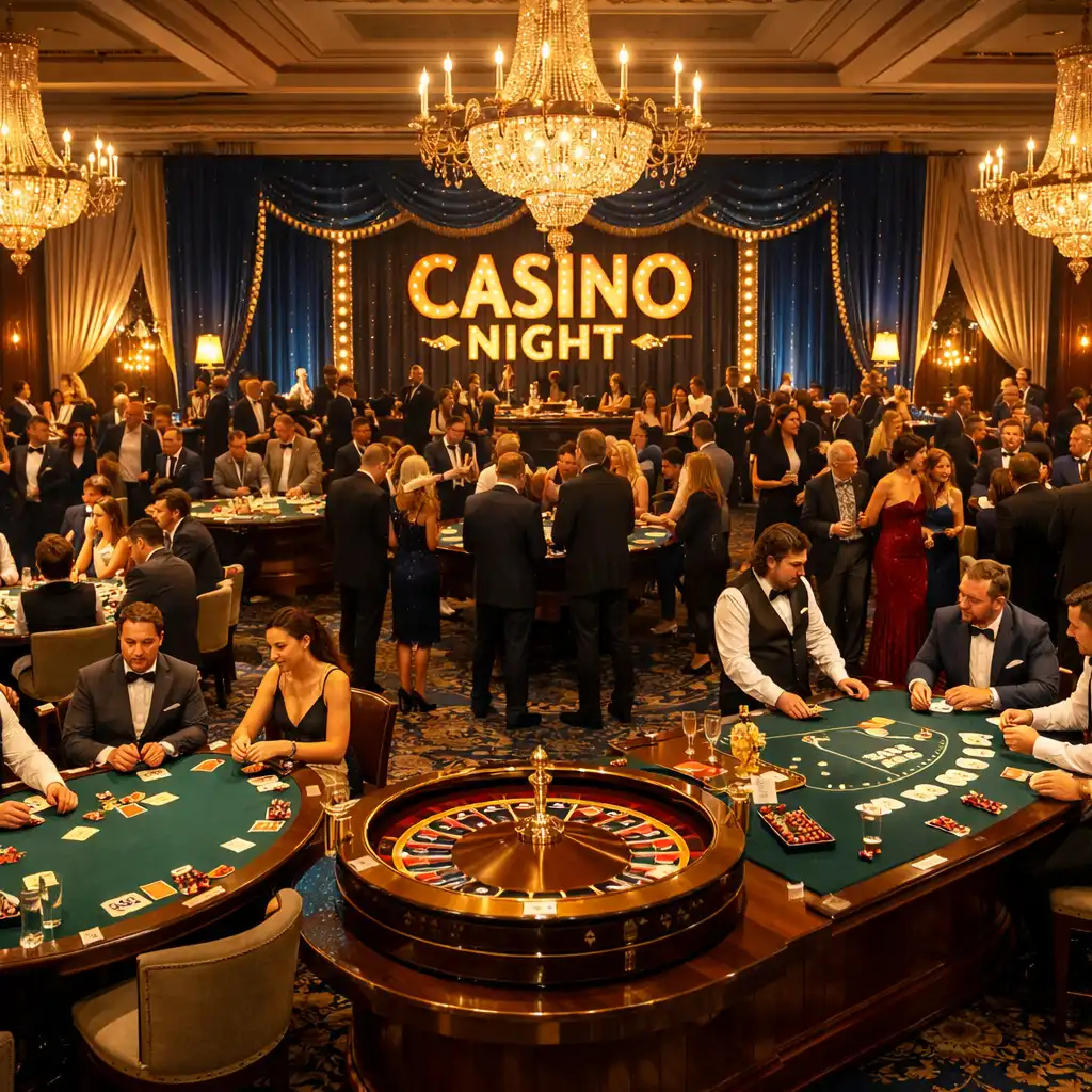 Full casino night setup in a grand hall with multiple tables and elegant lighting