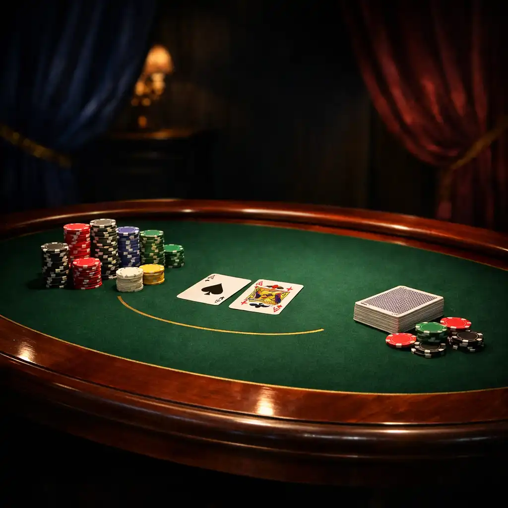 A luxurious poker table with stacks of chips and a deck of cards under warm cinematic lighting