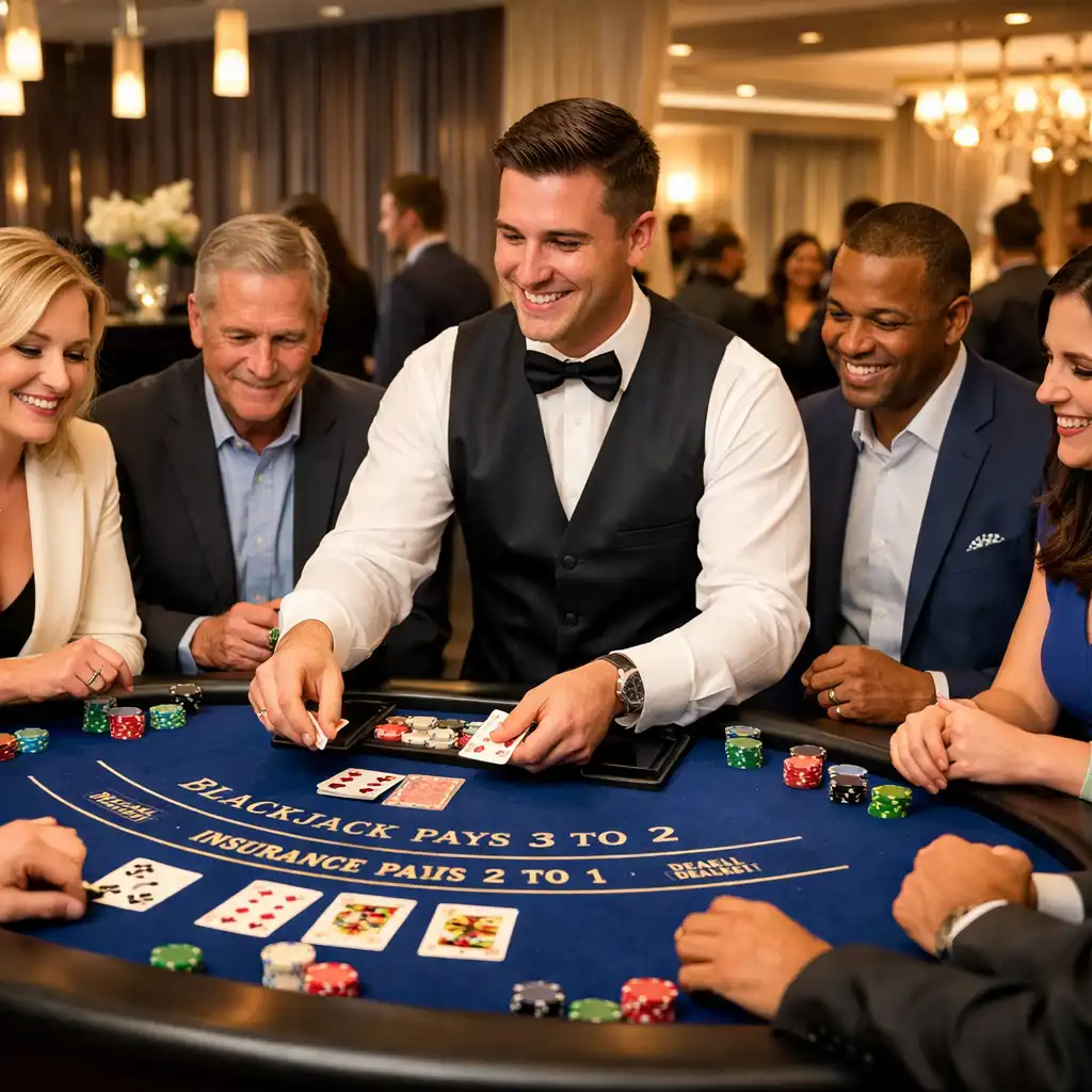 Corporate event with casino tables and well-dressed professionals