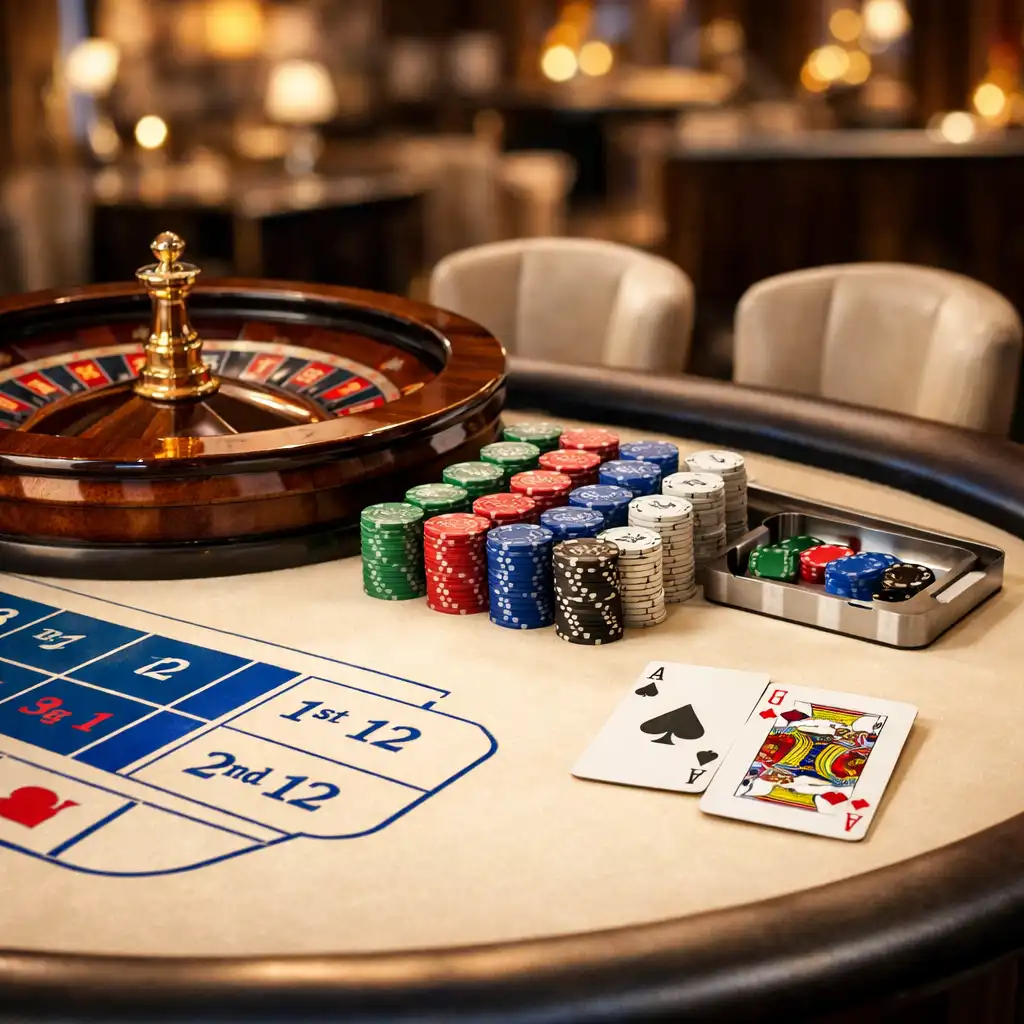 A beautifully styled casino table with custom ivory felt, royal blue accents, and a roulette wheel