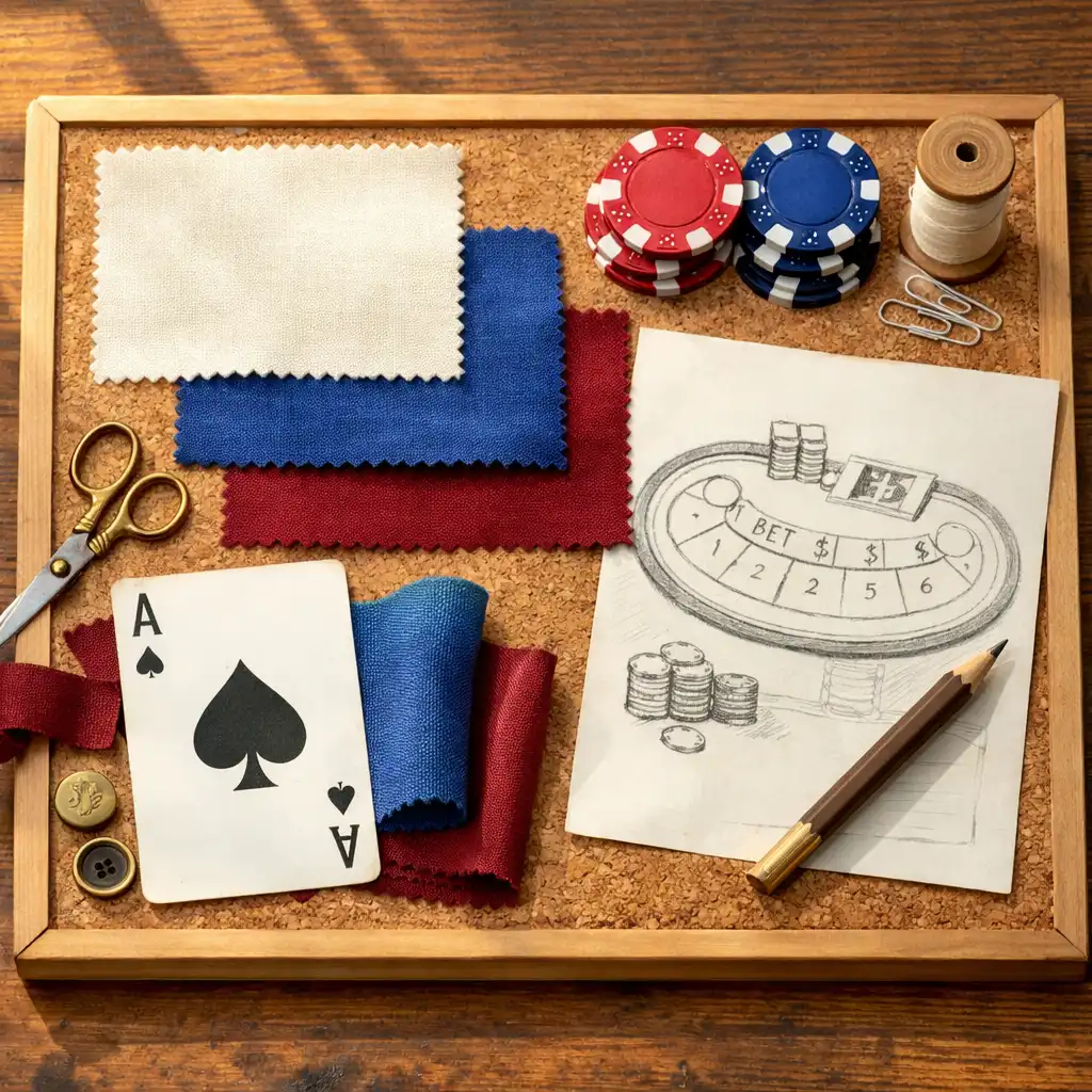 A creative mood board with fabric swatches, poker chips, and a casino table sketch