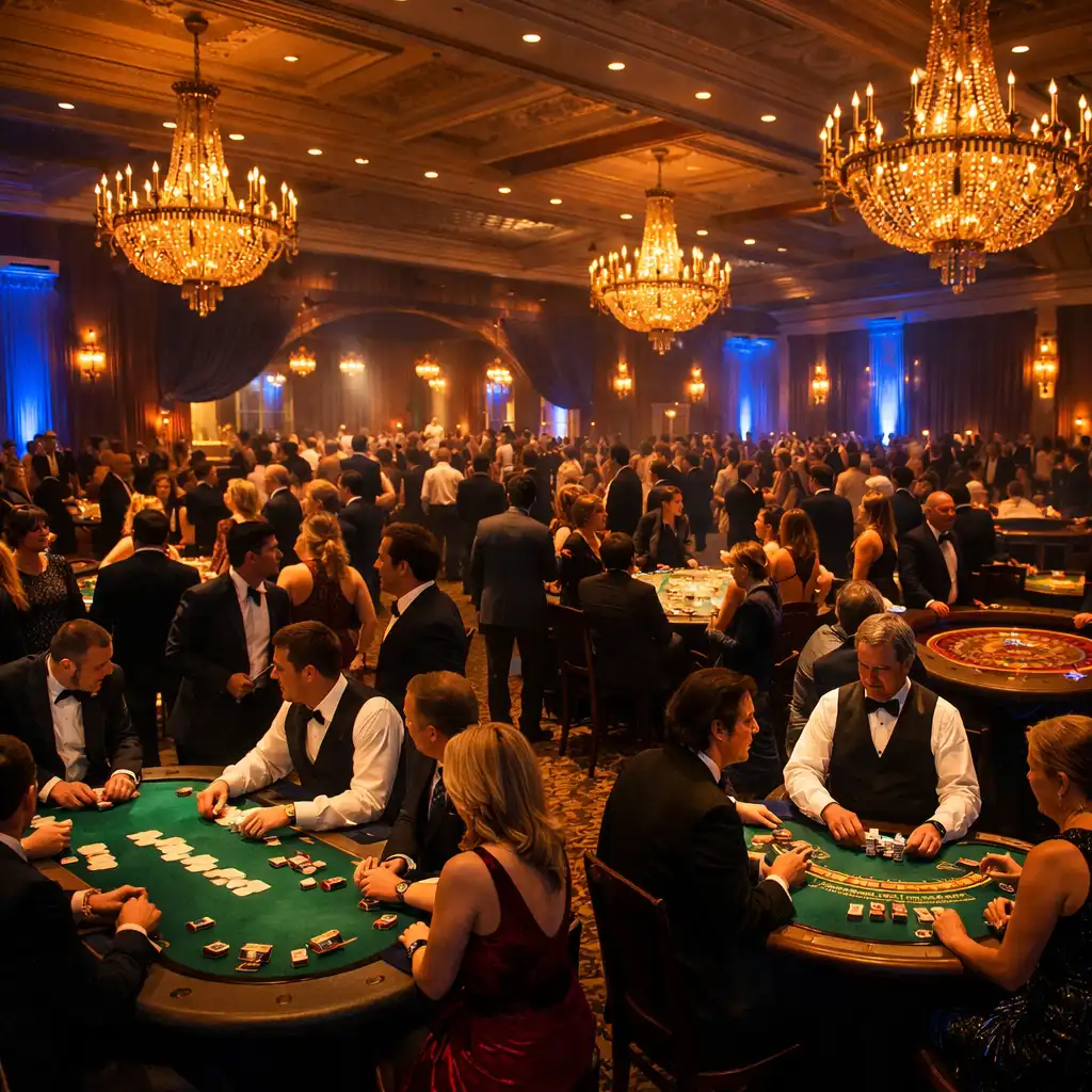 A lively casino event in progress with guests gathered around poker and blackjack tables