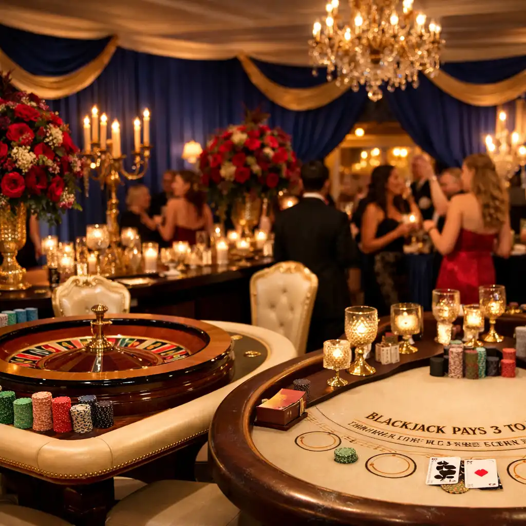 Elegant casino-themed event space with roulette and blackjack tables, royal blue drapery, and burgundy floral arrangements