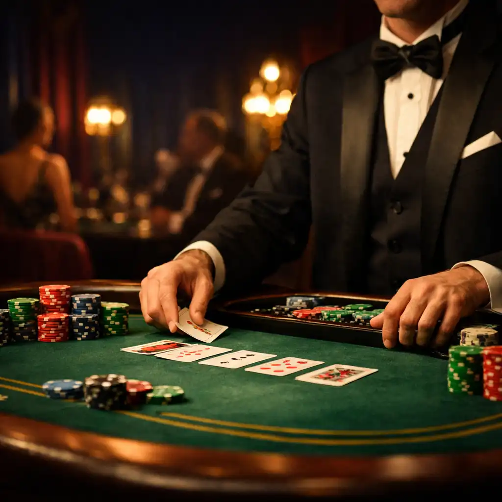 Professional dealer managing a poker table with colorful chips at an elegant Evening Voro event