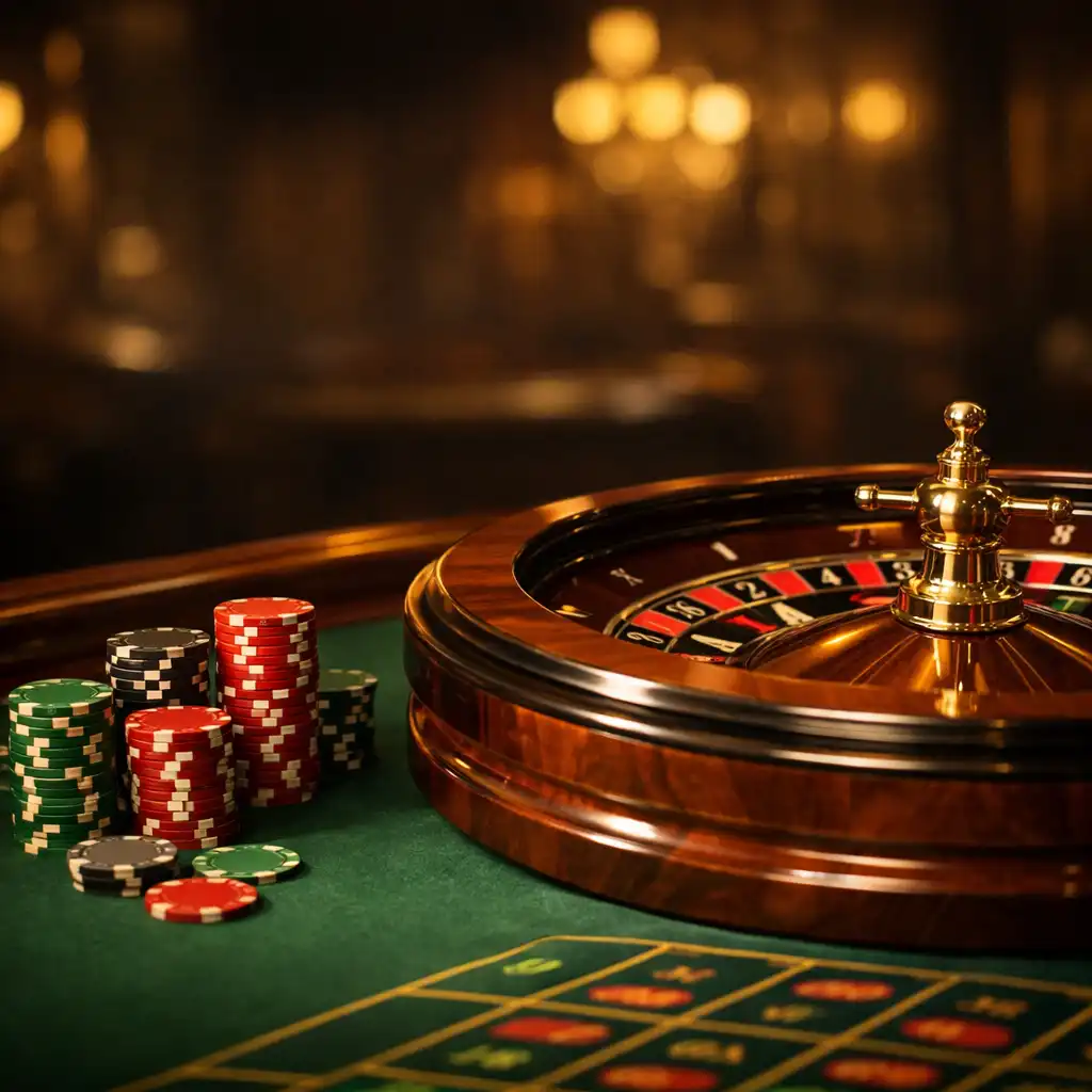 Luxurious casino table with chips and cards under moody chandelier lighting