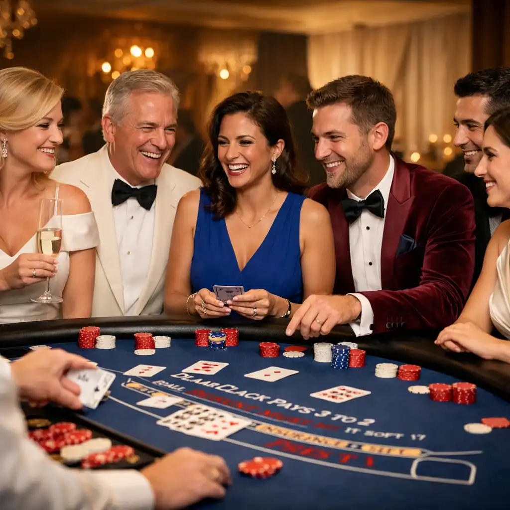 Elegantly dressed guests enjoying a blackjack table at a private casino night