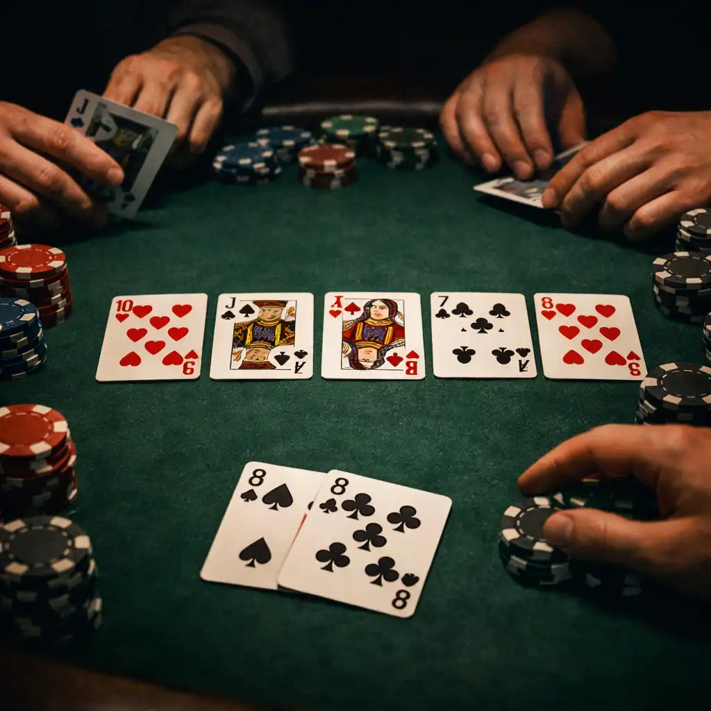 Close-up of a poker table with cards and chips, hands visible but faces out of frame