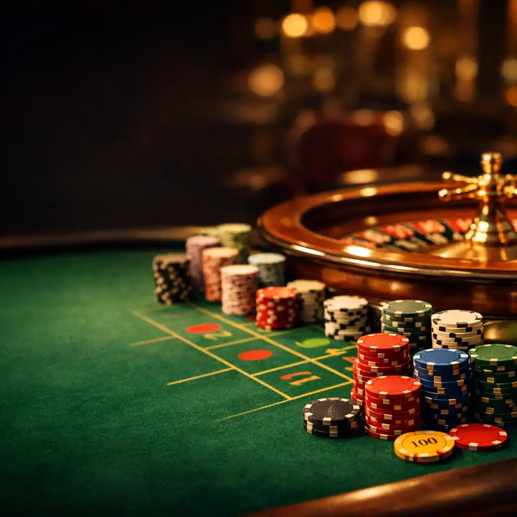 A luxurious casino table with a roulette wheel and stacks of colourful chips under warm, cinematic lighting