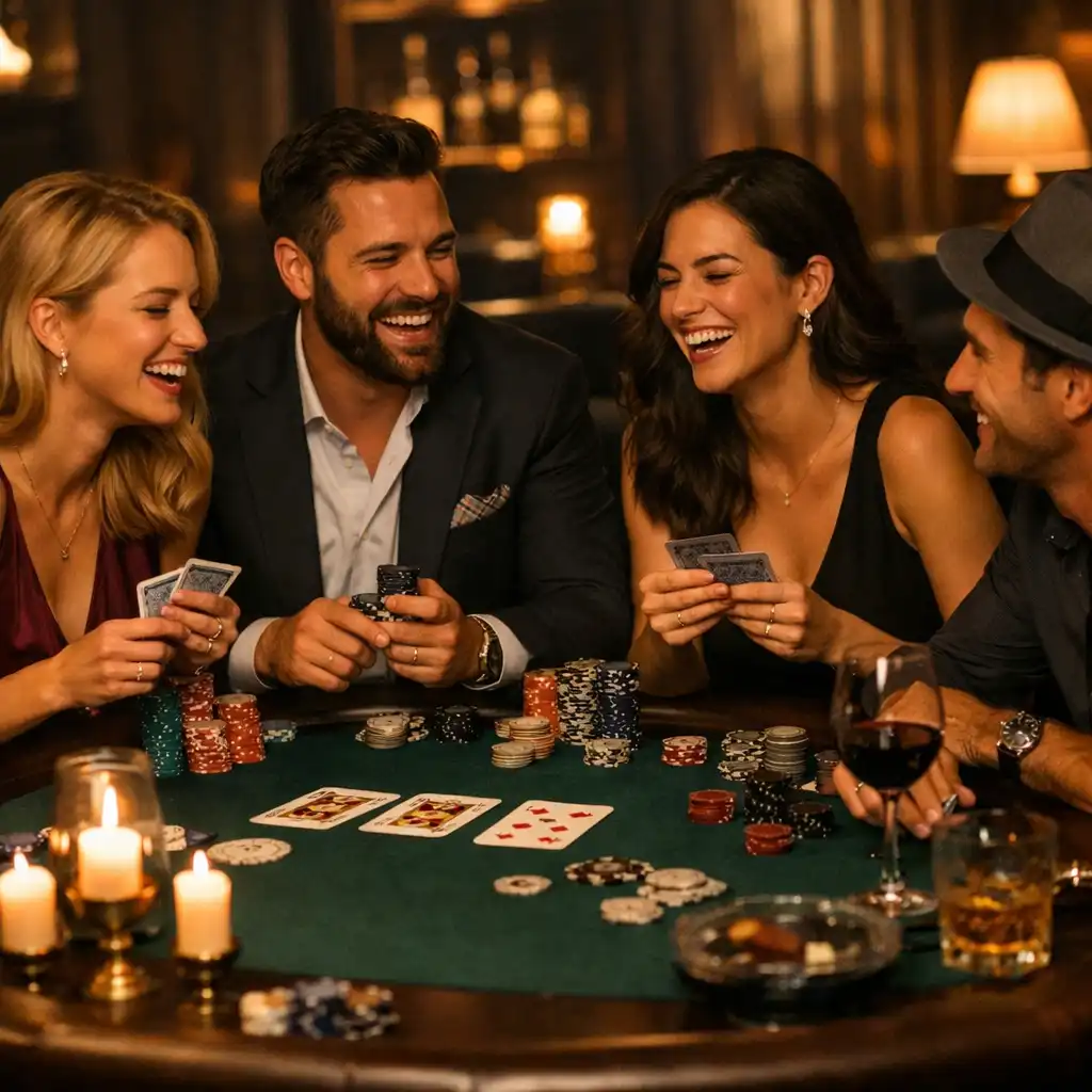 Intimate private party with a card lounge setup and warm lighting