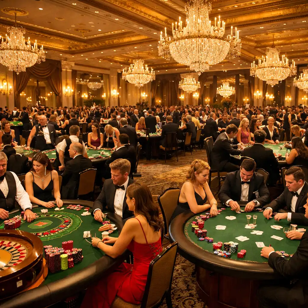 Large charity gala in a grand hotel ballroom with casino tables and elegant decor
