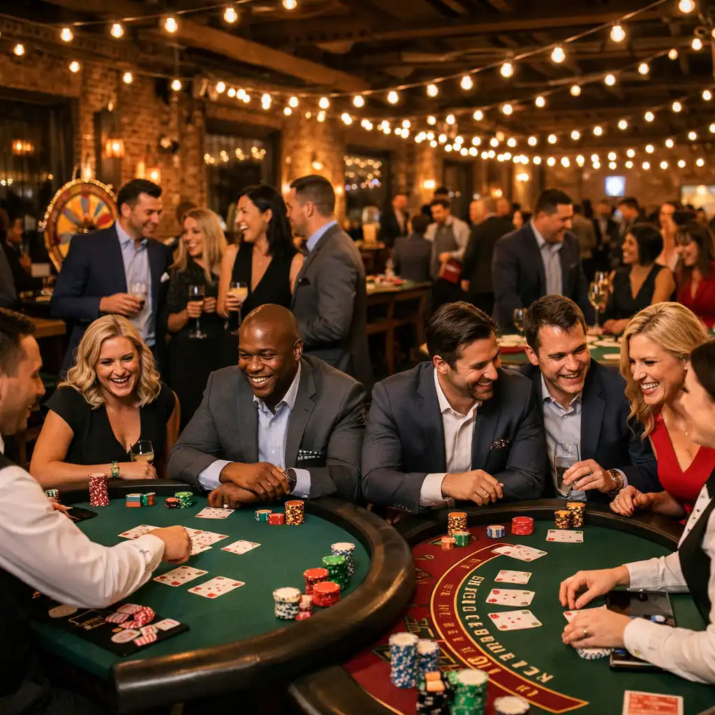 Lively corporate casino night in a converted warehouse with poker and blackjack tables