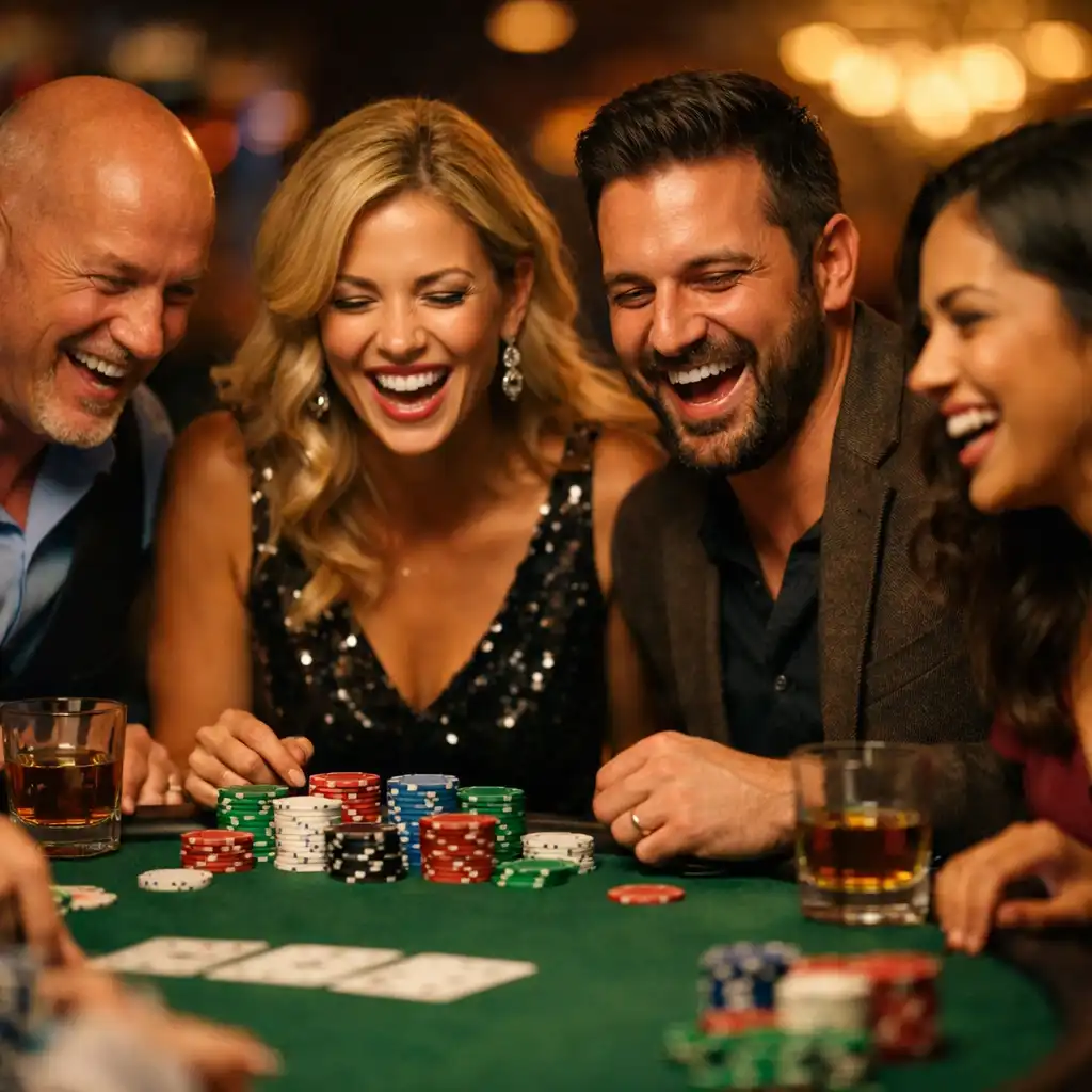 Guests laughing and enjoying a poker game at a casino night