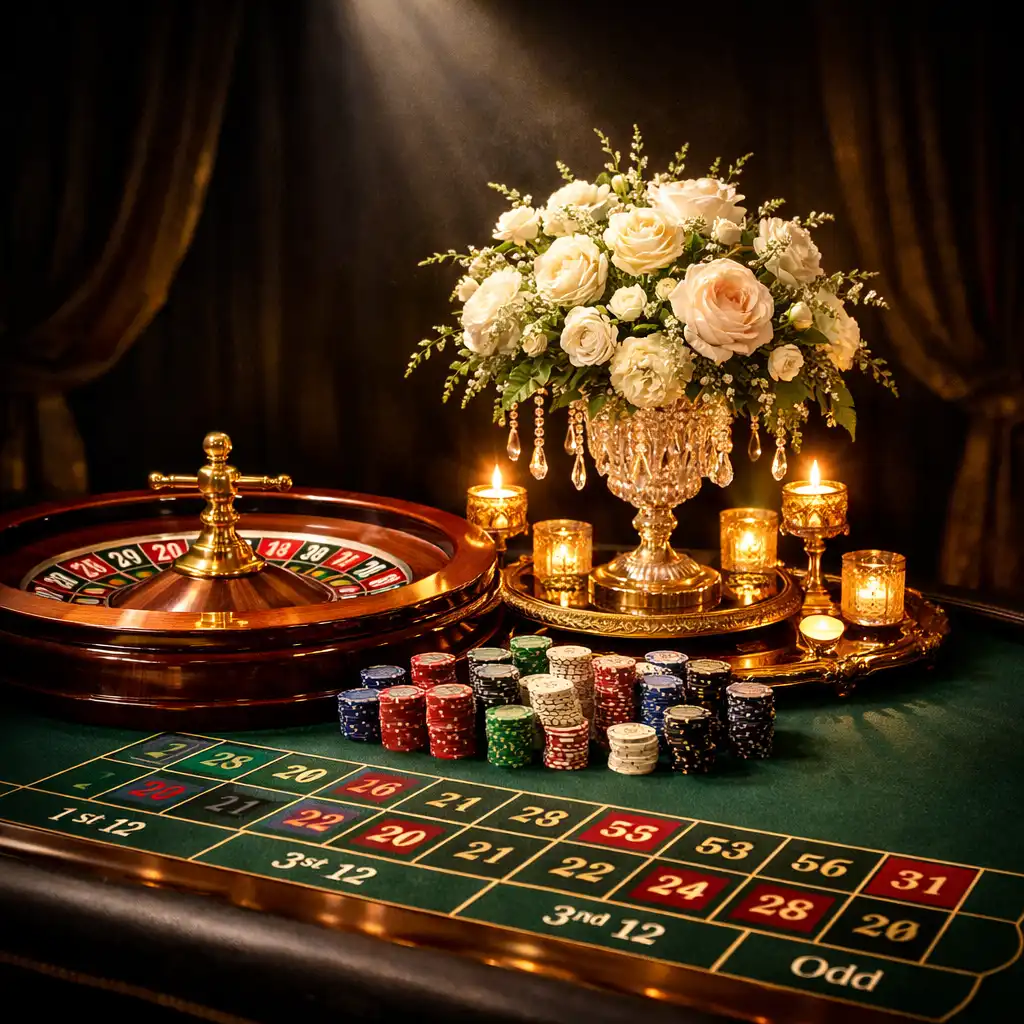 Beautifully decorated casino table with roulette wheel and chips