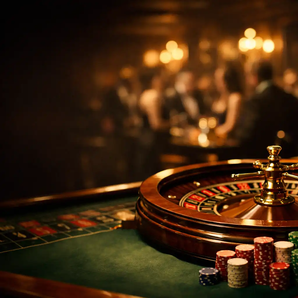 Cinematic casino table with roulette wheel and chips at an evening event