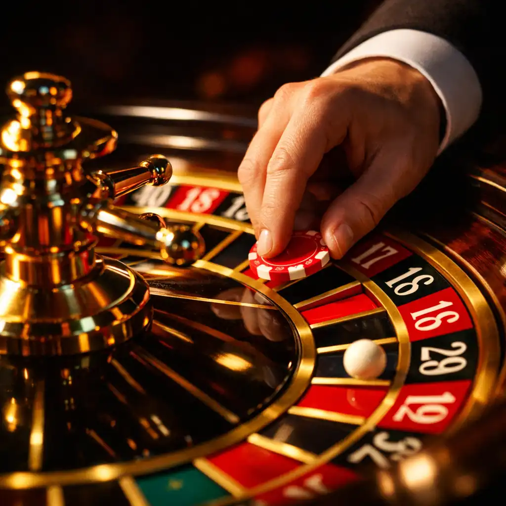 Close-up of a roulette wheel with a croupier placing a chip